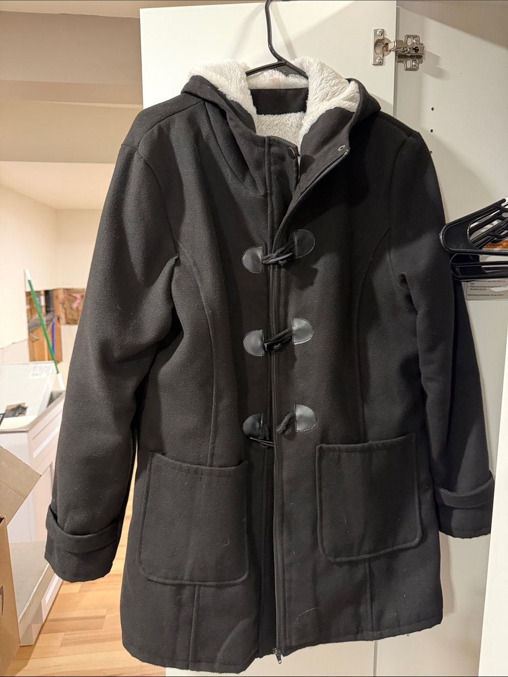 Men's Black Hooded Duffle Coat with Sherpa Lining